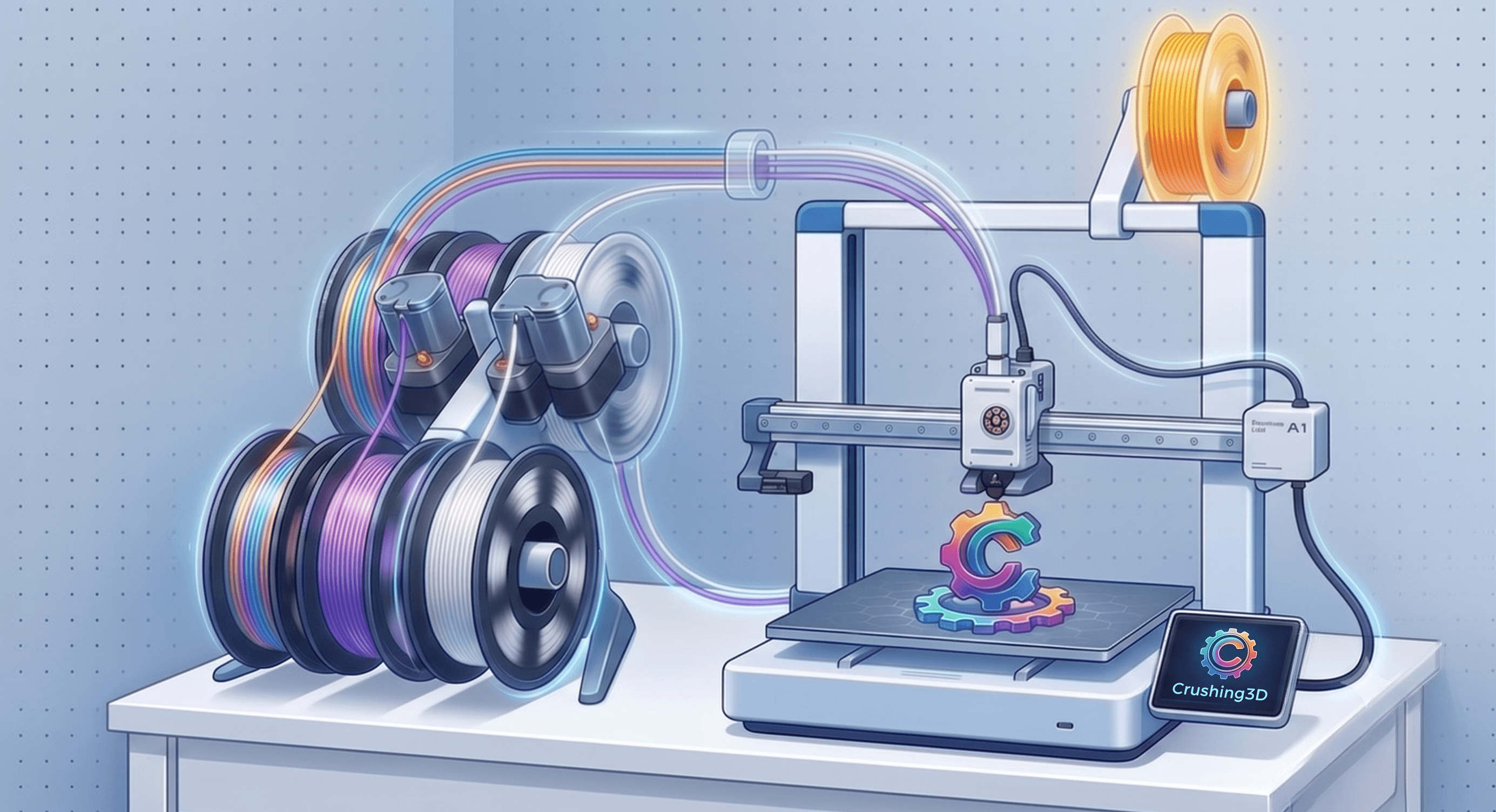3D printer laying down multi-color filament to print a Crushing3D logo